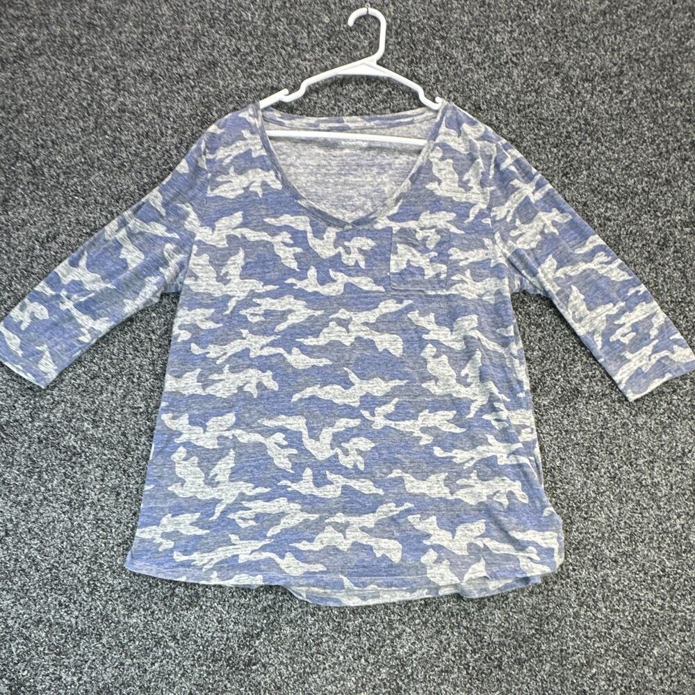 Lane Bryant Womens 14/16 Blue Camo Shirt 3/4 Sleeve V Neck Casual Top